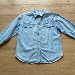 Embroidered Vintage Denim LightWash Button Down Shirt